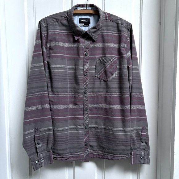 WOMENS MARMOT WOVEN GRAY STRIPE BUTTON DOWN COLLARED FLANNEL SHIRT SIZE XL - Picture 1 of 10